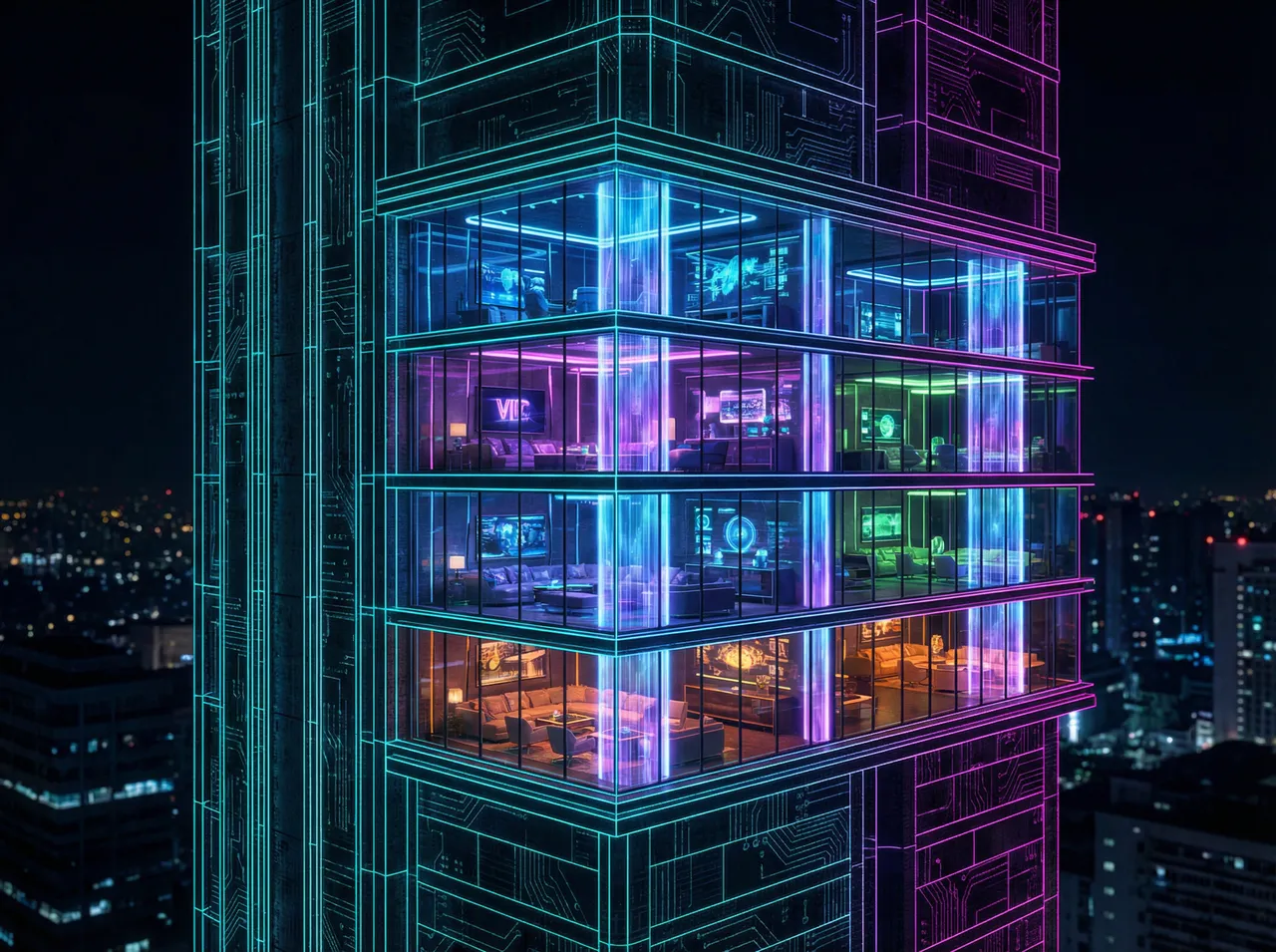 炸金花小游戏 霓虹线框摩天楼VIP层剖面图